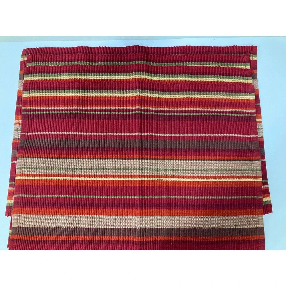 4 PC Striped Placemat Set Autumn Fall Colors Red Orange Brown Green Rustic